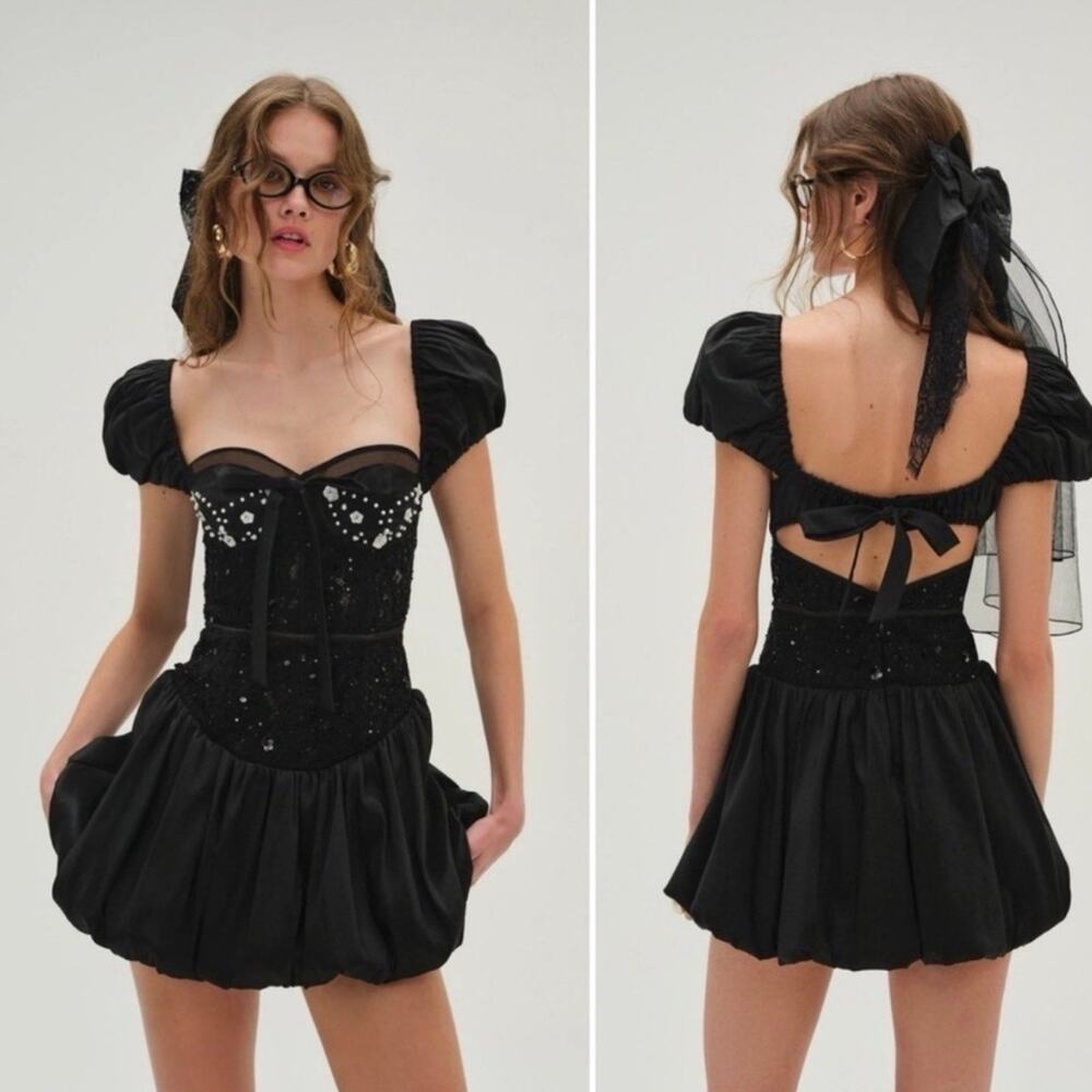 For Love & Lemons McKenna Bubble Hem Mini Dress Black Puff Sleeve Corset Dress